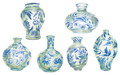 Set of watercolor blue porcelain Chinese vase isolated on white - 556352347