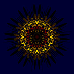 Abstract circular composition in Black Yellow Red on a Dark Blue background Kaleidoscope design Abstract Geometric Vector Illustration Line Round Ornament. Geometric pattern fractale. Flower EPS 10