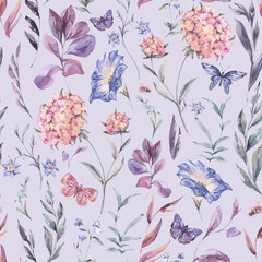 Watercolor botanical wildflowers seamless pattern, natural texture