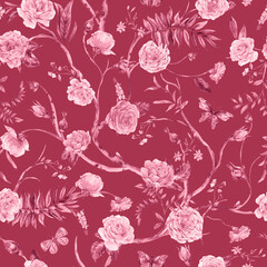 Watercolor garden rose bouquet, blooming tree seamless pattern, Chinoiserie floral texture on red