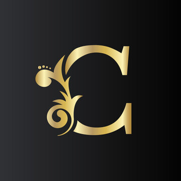 Golden Initial Letter C with simple floral leaves. Luxury Natural Logo Icon. Elegant botanic design Vector illustration