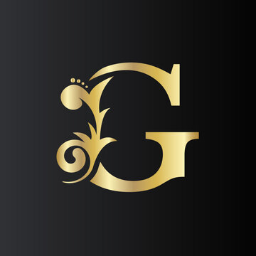 Golden Initial Letter G with simple floral leaves. Luxury Natural Logo Icon. Elegant botanic design Vector illustration
