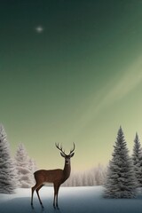AI-generated digital illustration of a deer in the snow, amid the pines, at night