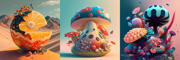 Surreal abstract composition, illustration of alien mushrooms and flowers - obrazy, fototapety, plakaty