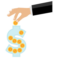 Isolated on white background is a hand of a businessman throwing a dollar coin into a jar in the shape of a dollar sign, in vector.