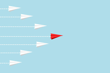 The concept of leadership may have to be different. Red and white paper airplane path on light blue background.
