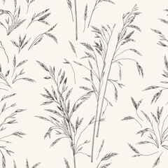 Background seamless with dry grass. Black and White. Vector botanical illustration. Vertical ornament. Engraving style.