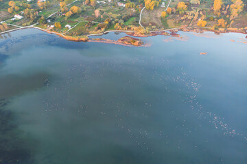 Beautiful aerial vibrant view of Korission Lake Lagoon landscape, Corfu island, Greece with pink flamingos flock, Ionian sea beach and mountains in a summer sunny day