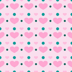 Fototapeta na wymiar Pink heart green dots pastel pink background vector seamless pattern, element for decorate valentine card, flannel tartan plain fabric textile printing, wallpaper and paper wrapping