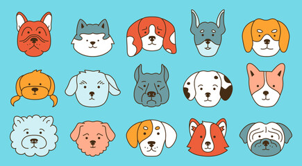 Dog faces emotion cartoon outline character set. Smiling funny childish doggy pet, baby comic flat sticker. Cute puppy kawaii head muzzle doodle icon. Illustration template for kid card, poster, cover