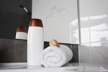 Bottle of shower gel and rolled towel with shell on sink in bathroom