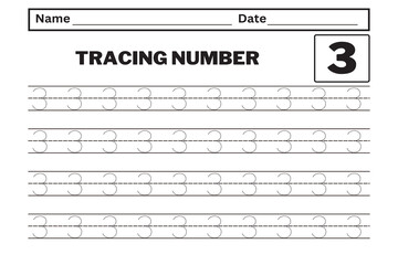 Number 3 tracing practice worksheet with all numbers for kids learning to count and write. Worksheet for learning numbers. Number training writes and counts numbers. Exercises handwriting practice