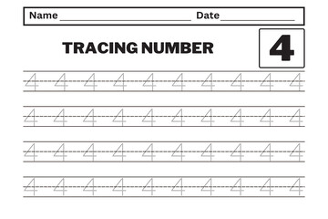 Number 4 tracing practice worksheet with all numbers for kids learning to count and write. Worksheet for learning numbers. Number training writes and counts numbers. Exercises handwriting practice