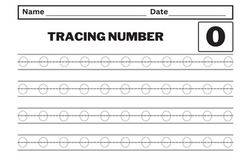Number 0 tracing practice worksheet with all numbers for kids learning to count and write. Worksheet for learning numbers. Number training writes and counts numbers. Exercises handwriting practice