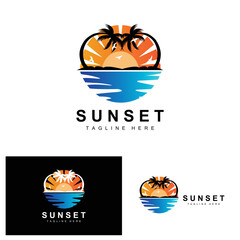 Sunset Beach Logo Design, Seascape Illustration, Red Day Vacation Spot Vector