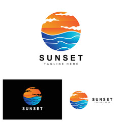 Sunset Beach Logo Design, Seascape Illustration, Red Day Vacation Spot Vector
