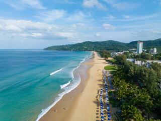 Aerial view of amazing beach with people relax on the beach sea, Beautiful karon beach Phuket...