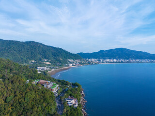 Amazing top view beautiful seashore, Aerial view of Tropical sea in the beautiful Phuket island Thailand