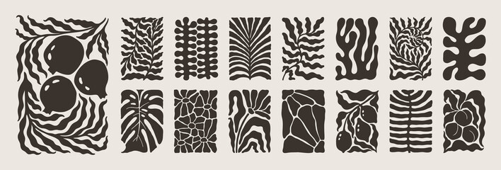 Abstract Matisse Floral Posters Set. Modern Botanical Background in Minimal Style. Trendy Groovy Vector Illustration