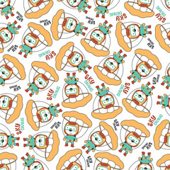Seamless vector pattern with cute little lion skydiver, Design concept for kids textile print, nursery wallpaper, wrapping paper. Cute funny background.