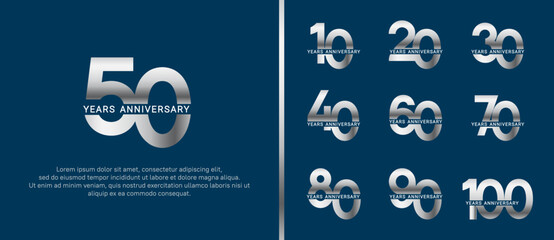 set of anniversary logo style silver and white color on blue background for celebration
