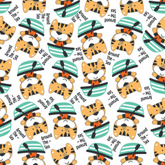 Seamless pattern with cute little tiger the sailor, Cute Marine pattern for fabric, baby clothes, background, textile, wrapping paper and other decoration