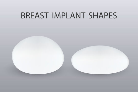 Two different types of silicone breast implants, round shape and teardrop shape with background.