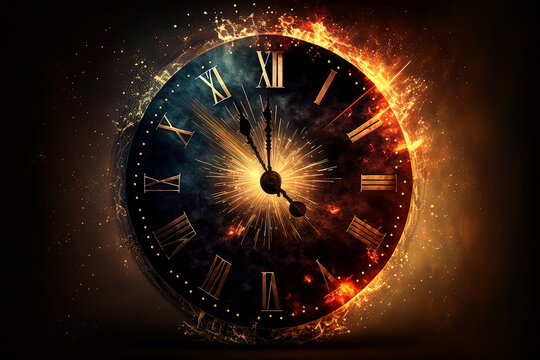 New year countdown clock with colorful fireworks. Beautiful sparkles explosion on background, fantasy round clock counting down.