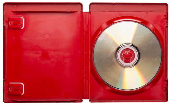CD game case red vintage with disc png isolated on transparent background