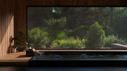 Beautiful and luxury Onsen room in Japanese style with bath against the window with nature view.