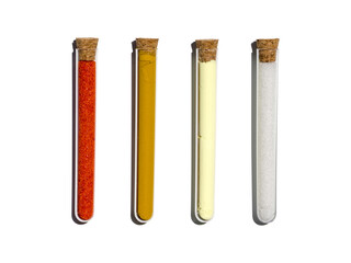 Potassium Ferricyanide, Organic Curcuma Powder, Sulfur Powder and Di-Ammonium Phosphate in test tube with cork cap. Cosmetic chemicals ingredient on laboratory table. Top View