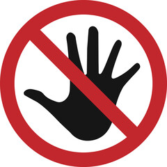 Isolated flat illustration of transparent red crossed out and black arm hand do not touch icon, prohibition, hazard, alert, accident may occur, do not enter symbol