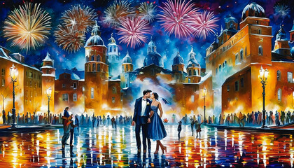 Colorful wedding against the backdrop of an old city.The sky is filled with a dazzling display of fireworks.Ancient city provides historic and romantic setting for the special occasion. Generative AI