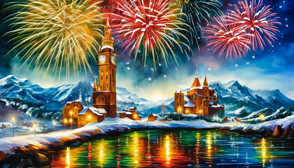 Colorful cityscape during a fireworks display. The sky is filled with a burst of vibrant colors, illuminating the city below and adding a sense of excitement and celebration to the scene. Generative A