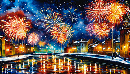 Fototapeta premium Colorful cityscape during a fireworks display. The sky is filled with a burst of vibrant colors, illuminating the city below and adding a sense of excitement and celebration to the scene. Generative A