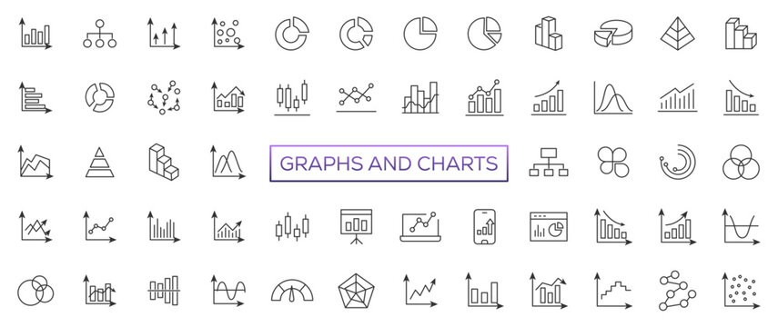 Growing bar graph icon set. Business graphs and charts icons. Statistics and analytics vector icon. Statistic and data, charts diagrams, money, down or up arrow