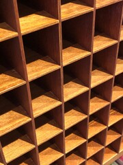 Wooden shelf with empty racks. Vintage cabinet like box.