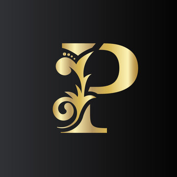 Golden Initial Letter p with simple floral leaves. Luxury Natural Logo Icon. Elegant botanic design Vector illustration