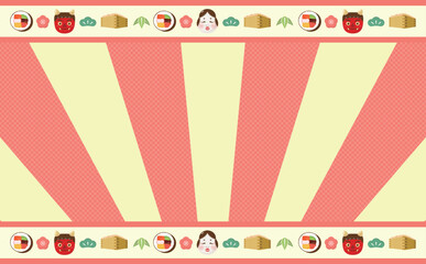 鬼と豆まき・恵方巻・おたふくの飾り罫をあしらったポップな節分の日のベクターフレームイラスト素材_朱色オレンジ_集中線_文字なし