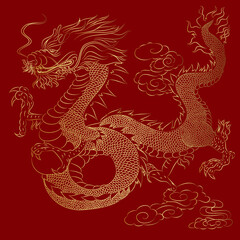 Obraz premium Japanese red dragon tattoo.Dragon on red background for Chinese New Year.Gold Chinese Dragon vector.Gold line art King Dragon tattoo.cartoon vector for t-shirt.