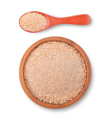 Ground Roasted Glutinous Rice in wooden bowl and spoon on white background. Top view