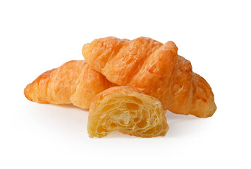 Golden brown butter croissant with shadow on the white background.