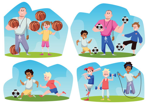 Set of scenes with teacher and kids flat style, vector illustration