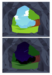 Set of stone cave entrances flat style, vector illustration