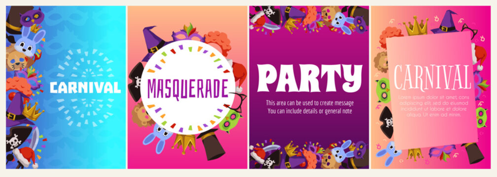 Carnival and masquerade invitation posters set, flat vector illustration.