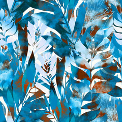 Hand drawn abstract digital and watercolour leaves mixed media vintage seamless pattern. Endless rapport for packaging, textile, decoupage, wall-art
- 556376362