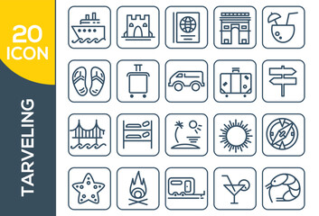 Set of 24 travel icons, thin line style, vector illustration. Simple travel icons set. Universal travel icons to use for web and mobile UI, set of basic UI travel elements.