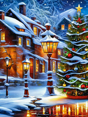 Christmas tree in the night, Abstract painting. Generative AI