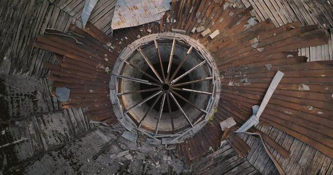 Overhead View Of Crumbling Roof At Tskaltubo's Sanitoriums In Georgia. Aerial Ascending