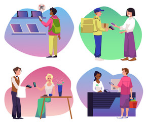 People pay by card with smartphone, cashless payment, flat vector illustration isolated on white.